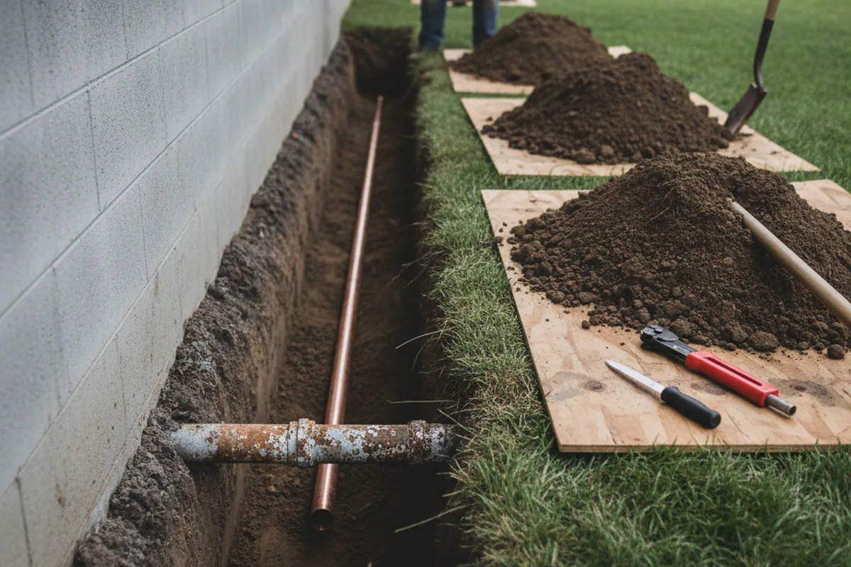 Excavated water line trench during Water Heater Repair in Plattenville